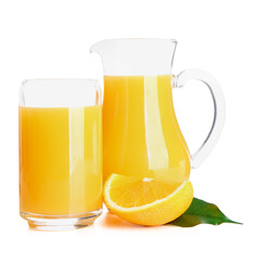 Jug and glass of tasty orange juice on white background