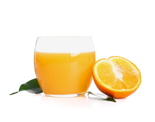 Glass of tasty orange juice on white background