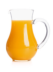 Jug of tasty orange juice on white background