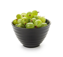 Bowl with fresh ripe gooseberry on white background