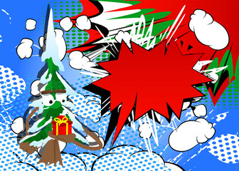 Cartoon winter pine trees with faces holding small gift box. Cute forest trees. Snow on pine cartoon character, funny holiday vector illustration.