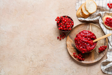 Composition with red currant jam, berries and sandwiches on color background