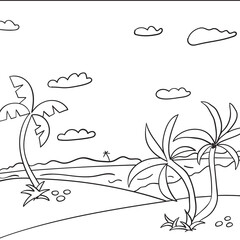 Cute cartoon meadow with trees and a river for Kids coloring page. Vector illustration isolated on white background Kids. 