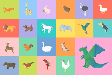 Colorful animals vector origami craft cut out set