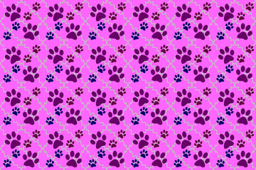 Seamless wallpaper with dog or bear footprints pattern for fabric and printed products print on pink background, cute animal footprints pattern for background.