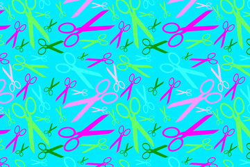 Cute multicolored scissors in pastel colors for background and printed products, cyan background.