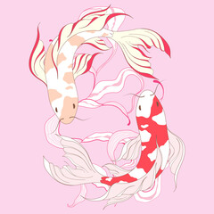 two fish with spots white and red in the Japanese style with seaweed