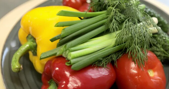 Video of freshly washed vegetables and greens: tomatoes, sweet pepper, green onions and dill spinning on a round white plate. Rotating vegetables.