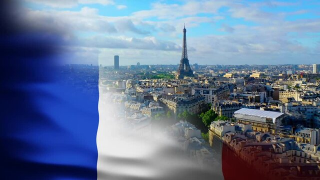 Paris cityscape and Eiffel tower, split with a France flag - 3d render animation
