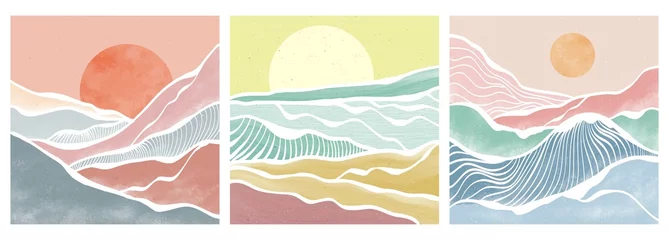 Rolgordijnen berg en oceaangolf op de set. abstracte hedendaagse esthetische achtergronden landschappen. vectorillustraties © gina