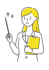 白衣の女性。女性が何かを教えてるイラスト。