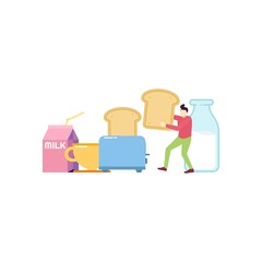 man take bread toaster and milk breakfast food people character flat design vector illustration