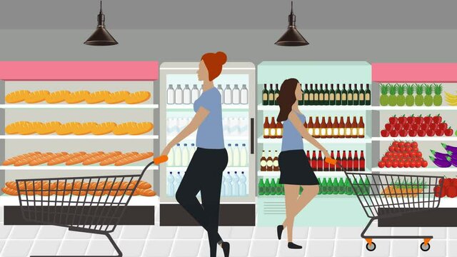 women walking in supermarket area, cartoon animation background
