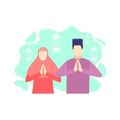 man and woman couple are celebrating ramadan kareem mubarak islamic people character flat design vector illustration