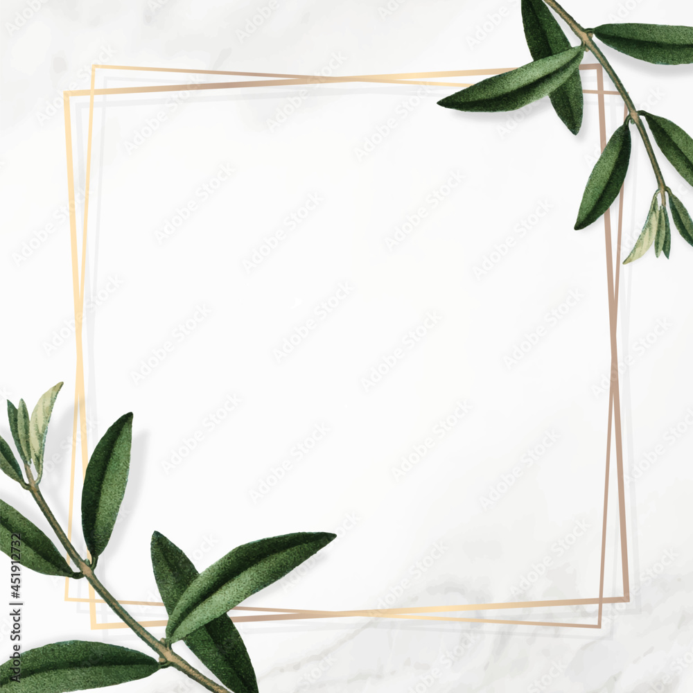 Wall mural gold frame with green leaves on white background vector