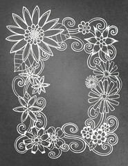 White hand drawn flowers on black chalkboard background illustration, cute wedding border design or frame with large abstract daisy and flower petals and leaves