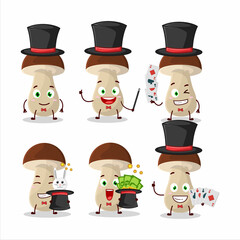 A boletus edulis Magician cartoon character perform on a stage