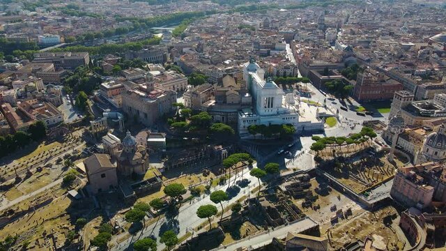 Aerial view around the Santa Maria in Ara coeli in sunny Rome, Italy - orbit, drone shot
