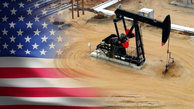 Oil industry concept, Pump jack, split with a USA flag - 3d render animation