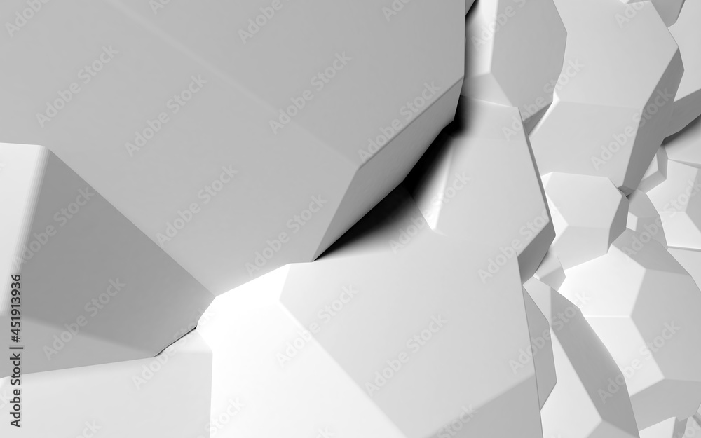 Poster Abstract background with white 3D shapes flying in the light as a messy array or chaotic structure for any pastel backdrop. 3D illustration
