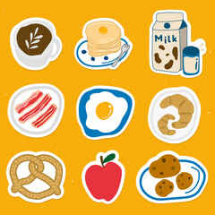Cute food doodle sticker with a white border set vector