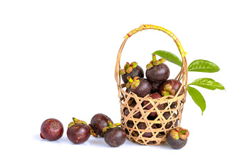 Fresh mangosteens in bamboo bag basket, Isolated on white background.