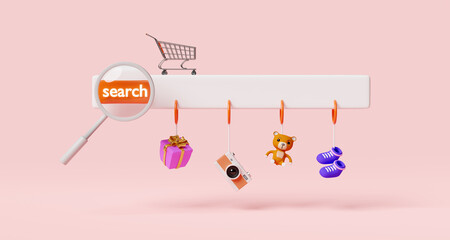 magnifying glass with blank search bar,shopping cart,teddy bear,camera,gift box,shoe isolated on pink background,web search engine,web browsing,online shopping concept,3d illustration or 3d render