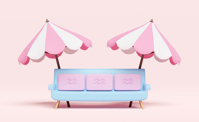 bench or sofa with pink umbrella or parasol isolated on pink background,3d illustration or 3d render