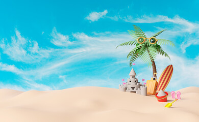 Fototapeta na wymiar summer travel with yellow suitcase, sand castle,surfboard,island,umbrella,coconut tree,sandals,bucket,camera isolated on blue sky background, concept 3d illustration or 3d render