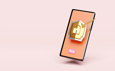 orange mobile phone or smartphone with golden shield,buy label tag isolated on pink background.Internet security or privacy protection or ransomware protect concept,3d illustration or 3d render