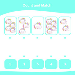 Count and Match Unicorn Game for kids. Counting game. Math Worksheet for Preschool. Matching images with numbers. Educational printable math worksheet. Vector illustration. 