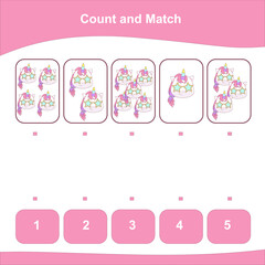 Count and Match Unicorn Game for kids. Counting game. Math Worksheet for Preschool. Matching images with numbers. Educational printable math worksheet. Vector illustration. 