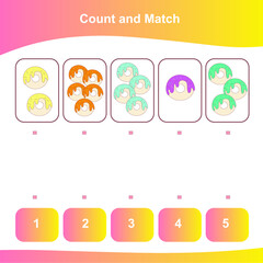Count and Match Donuts Game for kids. Counting game. Math Worksheet for Preschool. Matching images with numbers. Educational printable math worksheet. Vector illustration. 