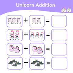 Unicorn Addition Math Game for Preschool. Counting Game Worksheet for Children. Educational printable math worksheet. Additional math games for kids. Vector illustration. 