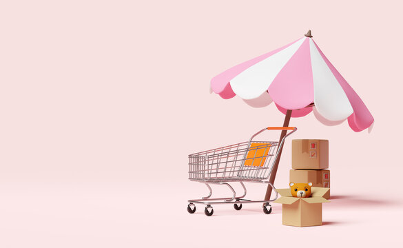 stainless steel shopping cart with goods cardboard box,umbrella,teddy bear isolated on pink background.online shopping summer sale concept,3d illustration or 3d render
