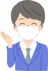 マスクをして接客をする若いビジネスマン