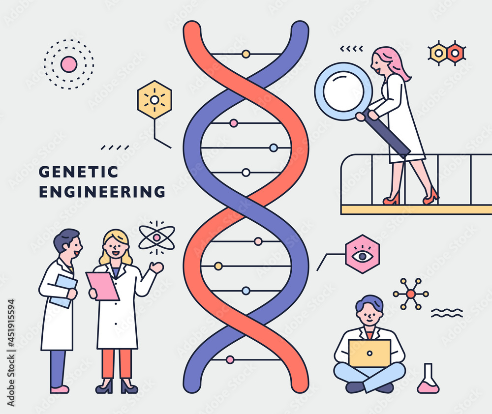 Wall mural scientists are working around a giant gene loop. vector design illustrations.