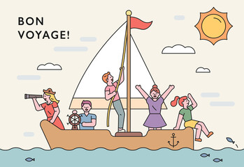 Adventurers sailing the sea on a boat.