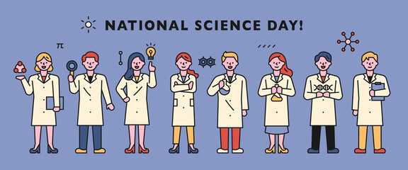 Scientist characters stand in a line. vector design illustrations.