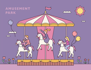 Merry-go-round at the amusement park. vector design illustrations.