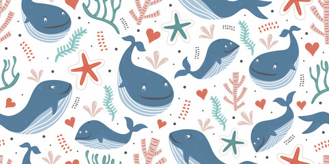 Obraz premium Whales seamless pattern with ocean theme for baby print. Cute baby animals. Pattern for kids with whales. Kids design.