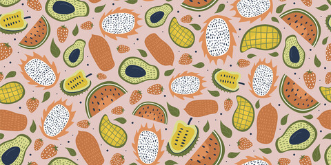 Seamless pattern with fruits drawing and leaves. Exotic fruit seamless pattern in hand-drawn style. Vector repeat background for colorful summer fabric.