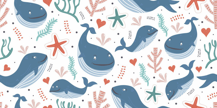 Whales seamless pattern with ocean theme for baby print. Cute baby animals. Pattern for kids with whales. Kids design.