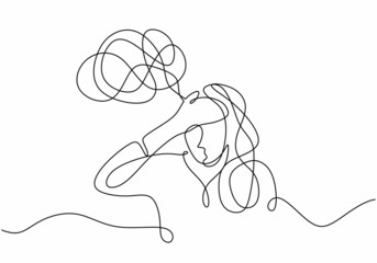 Obraz premium Sad, unhappy young woman continuous line drawing. Psychology problem with stress depression and bad mood. Minimalist vector illustration outline stroke style.