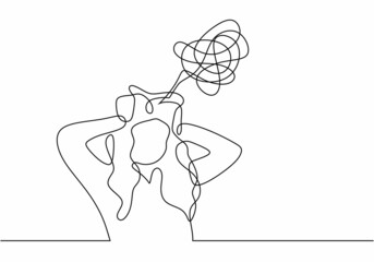 Sad, unhappy young woman continuous line drawing. Psychology problem with stress depression and bad mood. Minimalist vector illustration outline stroke style.