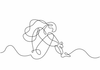 Obraz premium Sad girl sitting continuous line drawing, minimalist hand drawn of woman feeling bad and sad.