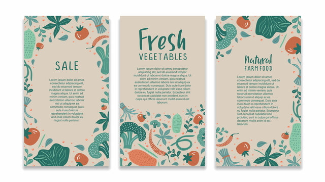 Food social media template with vegetable drawing colorful story banner. Vegan healthy foods for business promotion and store market.