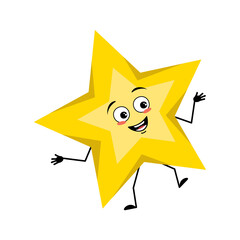 Cute star character with joyful emotions, dancing, smile face, happy eyes, arms and legs. Space and weather symbol with kind expression