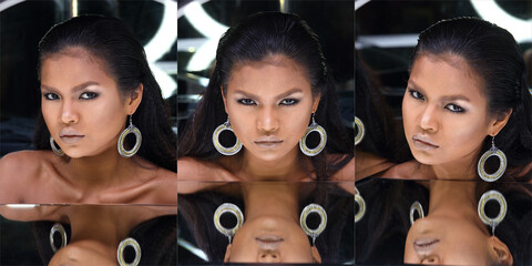 Close Up Head shot of 20s Asian Woman with Fashion make up over Mirror reflect her face