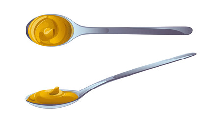 Mustard yellow curl in the spoon. Dijon honey sauce cream. Vector design in cartoon style for food branding.